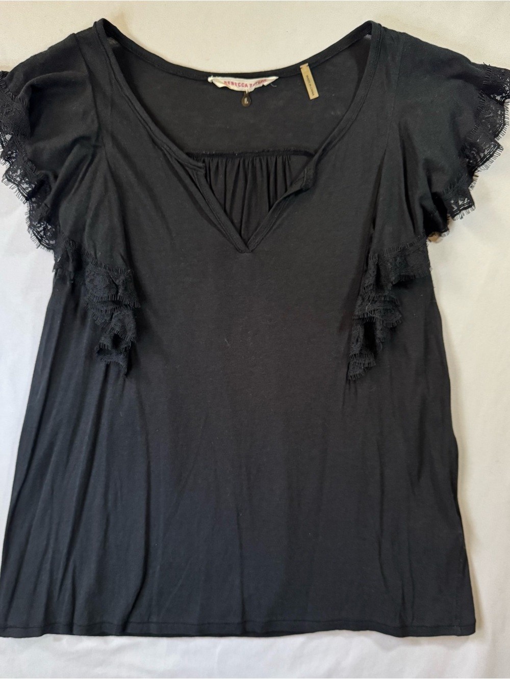 Rebecca Taylor Black Lace-Trim Flutter Sleeve Top, Sz L
